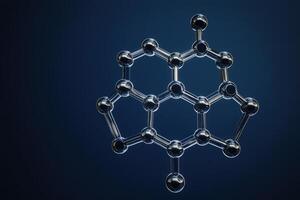 A complex molecular structure is depicted, featuring interconnected spheres representing atoms and lines indicating bonds. The dark background enhances the visual clarity of the design. photo