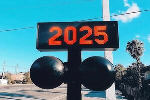 A bright digital clock displays the year 2025 under a clear blue sky. The setting features a suburban street with a palm tree and minimal traffic in the background. photo