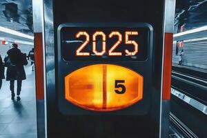 A prominent countdown display at a subway station shows the year 2025 and platform number 5. Commuters move in the background, waiting for their train on a busy travel day. photo