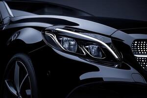 A black luxury car is showcased in a studio setting, emphasizing its modern design and sleek contours. The intricate details of the headlights shine prominently, creating an alluring aesthetic. photo