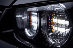 Bright car headlights showcase intricate patterns and advanced technology in a sleek, modern design. The illumination draws attention to the details and craftsmanship of the vehicle. photo