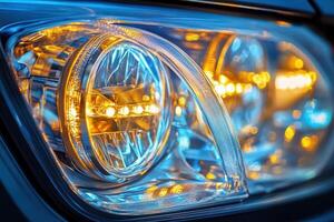 The photo showcases a modern car headlight illuminated at twilight, highlighting the sleek design and advanced LED technology. The warm glow contrasts with the cooler background lighting.