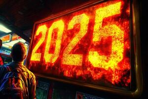 A person stands in front of a large, illuminated sign showing the number 2025 in fiery red. The setting appears urban, hinting at a forward-looking vibe in an environment filled with technology. photo