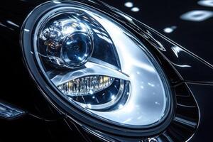 A close-up view highlights the intricate details of a black cars headlight during a showcase. The shining lens reflects surrounding lights while demonstrating advanced design features. photo