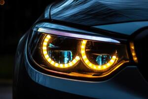 Close-up view of a modern car headlight featuring vibrant LED rings illuminated at night. The design showcases advanced lighting technology and adds a stylish touch to the vehicle. photo