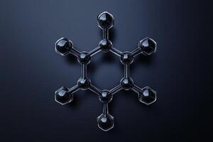A detailed molecular structure resembling a snowflake is displayed against a dark background. The contrast highlights the arrangement of interconnected spheres and hexagonal shapes. photo