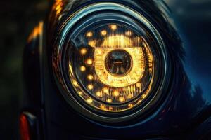Close-up view of a modern car headlight featuring bright LED lights. The warm glow contrasts with the dark surroundings, highlighting its design and technology during early evening. photo