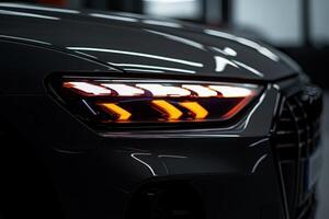 The close-up view of a stylish car headlight displays striking LED features glowing bright orange and white. The sleek contours highlight the modern design in a dimly lit showroom. photo