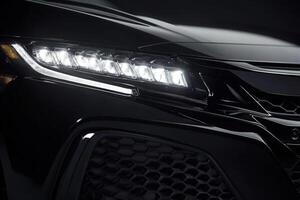 A close-up view highlights the stylish design of a black vehicle, emphasizing its striking LED lights against a dark backdrop. The sleek contours create an impression of speed and sophistication. photo