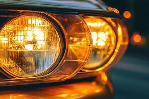Close-up view of illuminated vintage car headlights glowing warmly, creating an inviting atmosphere on a city street during twilight, highlighting the unique design of classic vehicles. photo