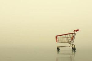 A solitary shopping cart is positioned on a smooth, reflective floor. The background features a soft, neutral tone, creating a calm and minimalist atmosphere around the cart. photo