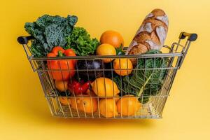 A shopping cart filled with a variety of fresh fruits and vegetables sits against a bright yellow backdrop. Colorful items include leafy greens, peppers, oranges, and a loaf of bread. photo