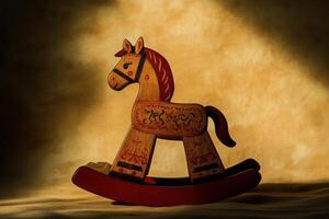 A handcrafted wooden rocking horse stands proudly against a softly lit textured background. The horse features detailed carvings and a rich color palette, creating a nostalgic atmosphere. photo