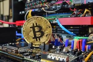 A shiny bitcoin sits prominently on a computer motherboard, surrounded by colorful wires and graphics cards in a cryptocurrency mining facility. photo