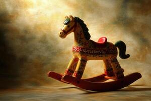 A beautifully painted rocking horse stands elegantly in soft light, showcasing vibrant colors and intricate designs. The background features warm tones that enhance its charm. photo