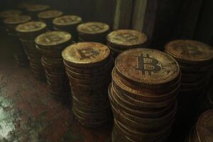 Stacks of bitcoin coins are arranged in a dimly lit environment, highlighting the growing influence of cryptocurrency. The scene emphasizes the visual appeal of digital currency investments. photo