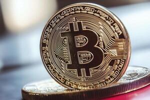 A detailed view of a Bitcoin token resting on a reflective surface. This representation emphasizes the growing importance of cryptocurrency in financial transactions and investments around the world. photo