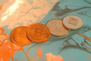 Four cryptocurrency coins are displayed on a vibrant background featuring floral designs. The coins include Bitcoin and Ethereum, symbolizing the digital finance trend. photo