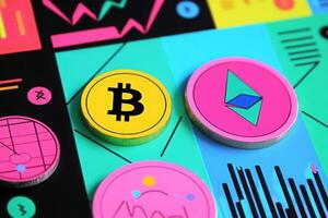 A bright yellow Bitcoin coin and a pink Ethereum coin are prominently featured on a vibrant geometric backdrop. The colors and shapes create an engaging visual representation of digital currency. photo