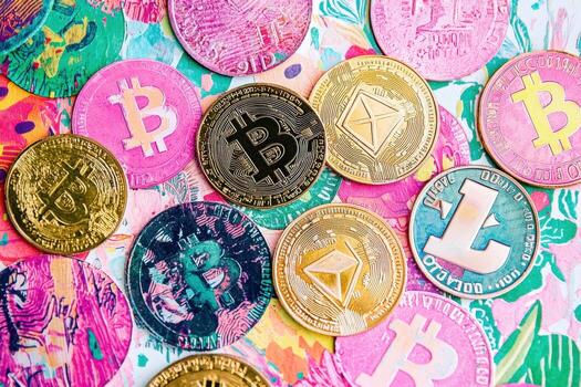 A diverse assortment of cryptocurrency coins, including Bitcoin, Ethereum, and Litecoin, is scattered over a lively, colorful surface, creating an eye-catching visual display of digital currency. photo