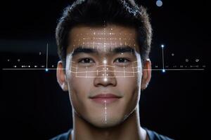 A young man with a neutral expression stands under bright lights while facial recognition technology scans his features. The room appears dark with visible digital patterns overlaying his face. photo