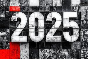 A large installation showcases the number 2025 prominently, using sleek white letters against a collage of abstract black and white patterns, symbolizing innovation and future plans. photo