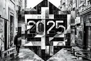 A person walks through a graffiti-covered alleyway as rain dampens the cobblestone ground. Prominent artwork displaying 2025 dominates the scene, blending the urban environment with creativity. photo