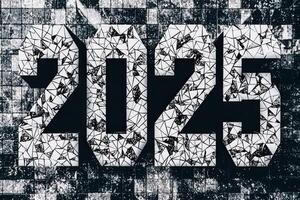A bold design features the year 2025, depicted with a fractured, artistic style against a textured dark background, symbolizing a fresh start and creativity for the upcoming year. photo