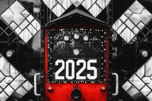 A red train caboose adorned with the number 2025 is set against a striking black and white patterned backdrop. The scene captures a blend of nostalgia and modernity in a city setting. photo