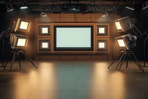 A professional film studio environment features several lighting setups and an empty screen. The warm lighting and wooden accents create an inviting space for creative projects. photo