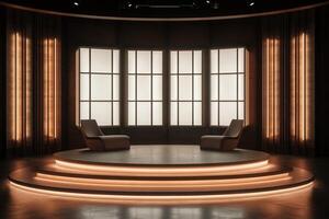 A contemporary interview set features two elegant chairs on a raised platform, surrounded by soft ambient lighting and large windows, creating a warm and inviting atmosphere. photo