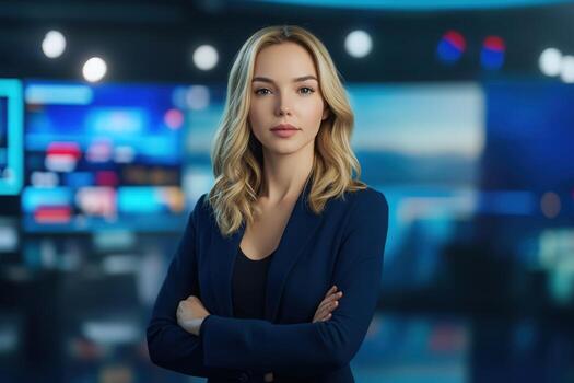 A confident news anchor stands in a contemporary broadcast studio, with dynamic screens displaying news graphics in the background. She is dressed in a blazer and has a professional appearance. photo