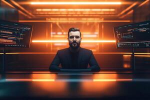 A man in a black suit sits confidently at a sleek desk in a modern workspace. Two glowing screens filled with code illuminate the room, creating a futuristic atmosphere. photo