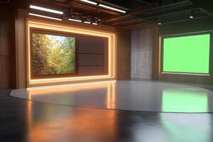 A contemporary television studio featuring two large screens displaying a natural outdoor scene and a green screen. The studio has sleek lighting and polished floors, ready for broadcasts. photo
