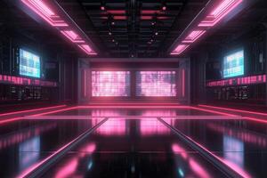 A sleek, high-tech space features neon pink lights illuminating the glossy floor. Large screens display digital content in a modern setting, ideal for technology showcases or presentations. photo