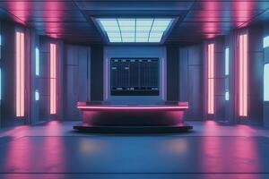 A sleek control room features a circular desk surrounded by neon lights in pink and blue hues. A large digital screen displays data and settings, creating a high-tech atmosphere. photo