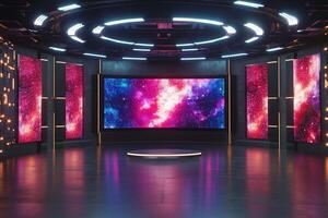 High-tech studio displays stunning cosmic visuals on large screens, creating an immersive environment with vibrant colors. The circular stage at the center enhances the futuristic feel. photo