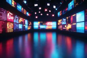 A contemporary digital studio filled with dynamic screens displaying colorful data visuals and graphics. The vibrant lighting creates an engaging atmosphere for creative production. photo
