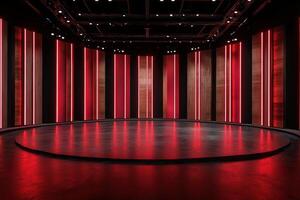 The studio features a circular stage surrounded by tall panels with striking red lights illuminating the area. The modern design creates a dramatic atmosphere, perfect for performances. photo