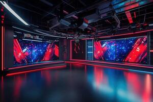 This broadcast studio features large high-definition screens showcasing cosmic visuals. Vibrant red and blue lights illuminate the sleek design, creating a dynamic atmosphere for productions. photo