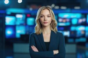 A confident news anchor stands with arms crossed in a sophisticated broadcasting studio filled with screens. She is ready to deliver current events with a professional demeanor and clear focus. photo
