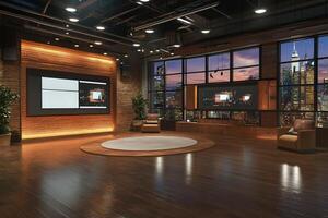 The studio features a spacious wooden floor, sleek furniture, and a stunning view of a city skyline at twilight. Bright lights illuminate the contemporary decor, creating a vibrant atmosphere. photo