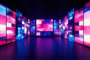 Colorful screens illuminate a modern digital space, creating a captivating atmosphere. The interplay of blue and pink hues enhances the sleek design, inviting exploration and interaction. photo