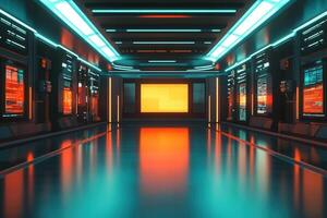 A sleek corridor features glowing blue and orange lights along its length. High-tech digital screens line the walls, displaying vibrant data. photo