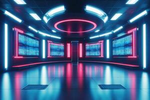 Bright neon lights illuminate a modern, high-tech environment showcasing multiple data screens. This digital hub reflects a futuristic design with a sleek, polished floor and a captivating atmosphere. photo