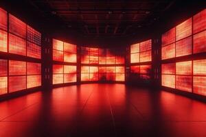 A series of large, red LED screens form a curved wall in a contemporary room, illuminating the space with vibrant colors. The high-tech environment suggests an exhibition or event setup. photo