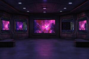 A modern observation room displays bright, colorful visuals of outer space on multiple screens. The surroundings are dark, highlighting the cosmic imagery. Soft lighting adds to the ambiance. photo