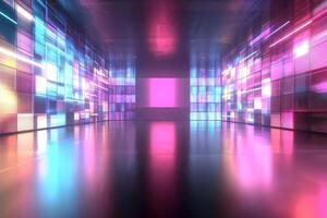 A vibrant interior showcases colorful neon lights illuminating reflective surfaces. The space appears futuristic, with glowing patterns creating an energetic atmosphere. photo