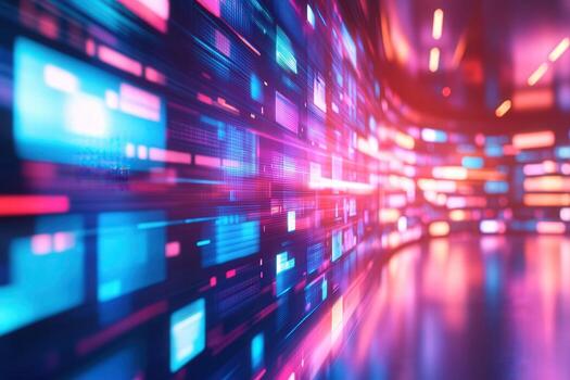 Colorful lights create an abstract backdrop in a modern environment, resembling a digital landscape. The bright hues interact in a mesmerizing display, suggesting advanced technology. photo