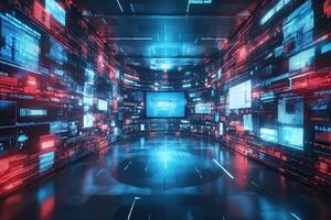 A futuristic room filled with dynamic glowing screens displaying data and graphics. The blue and red lights create a vibrant atmosphere, perfect for immersive tech experiences. photo